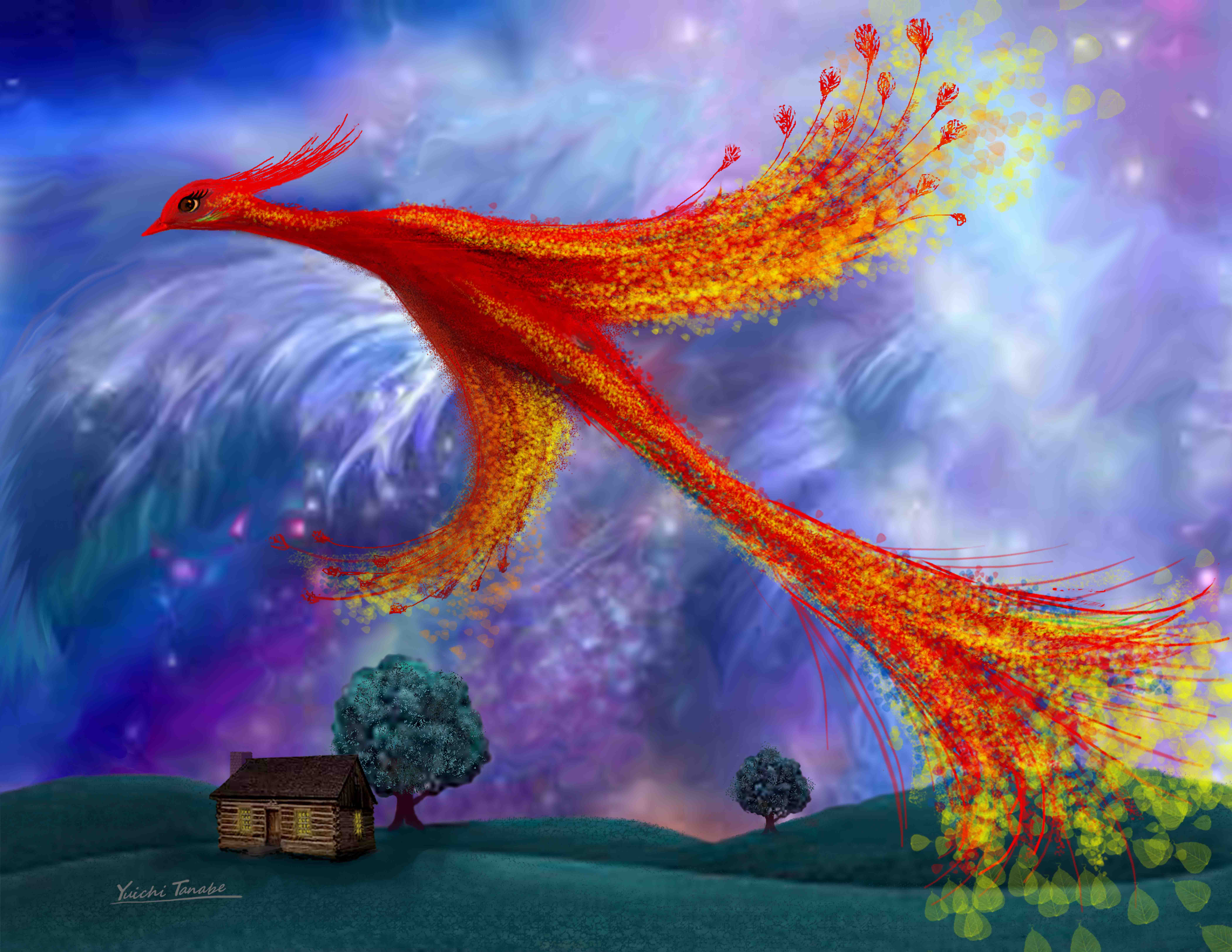 Japanese Art Gallery - Phoenix Flying at Night by Yuichi Tanabe